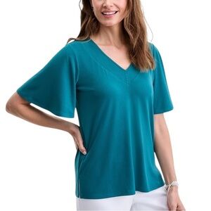 JM Collection Women's V-Neck Short Sleeve Knit Top XL Teal